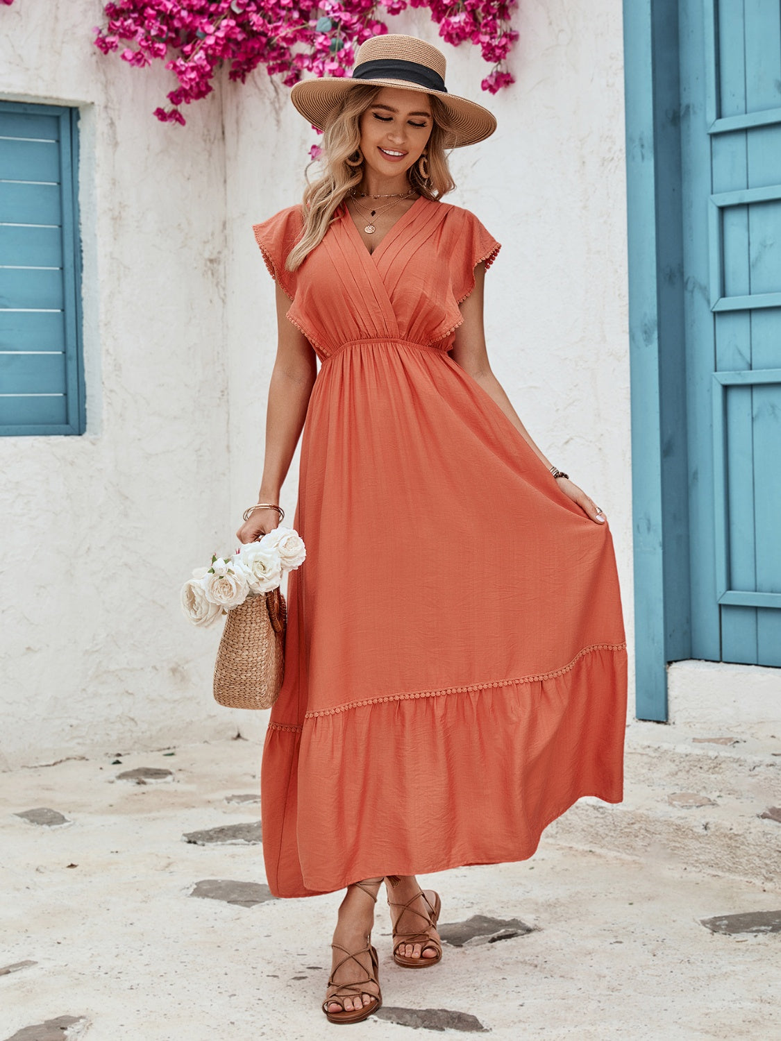 Ruffled Surplice Cap Sleeve Dress