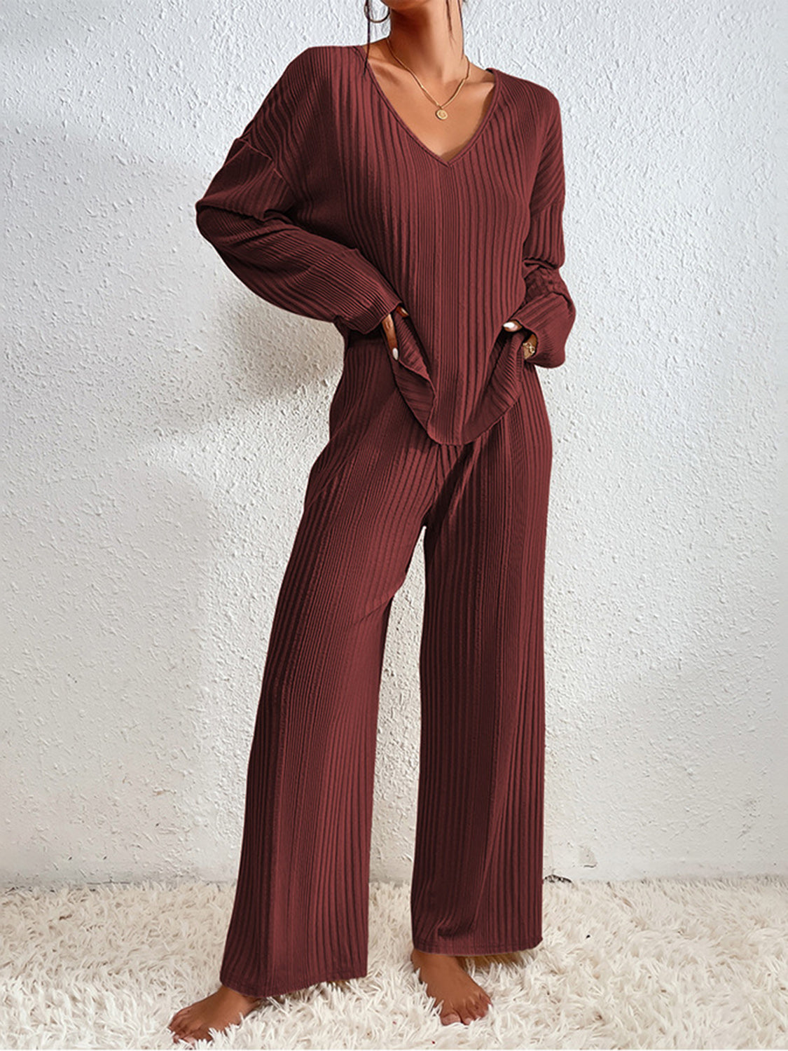 V-Neck Long Sleeve Top and Pants Set