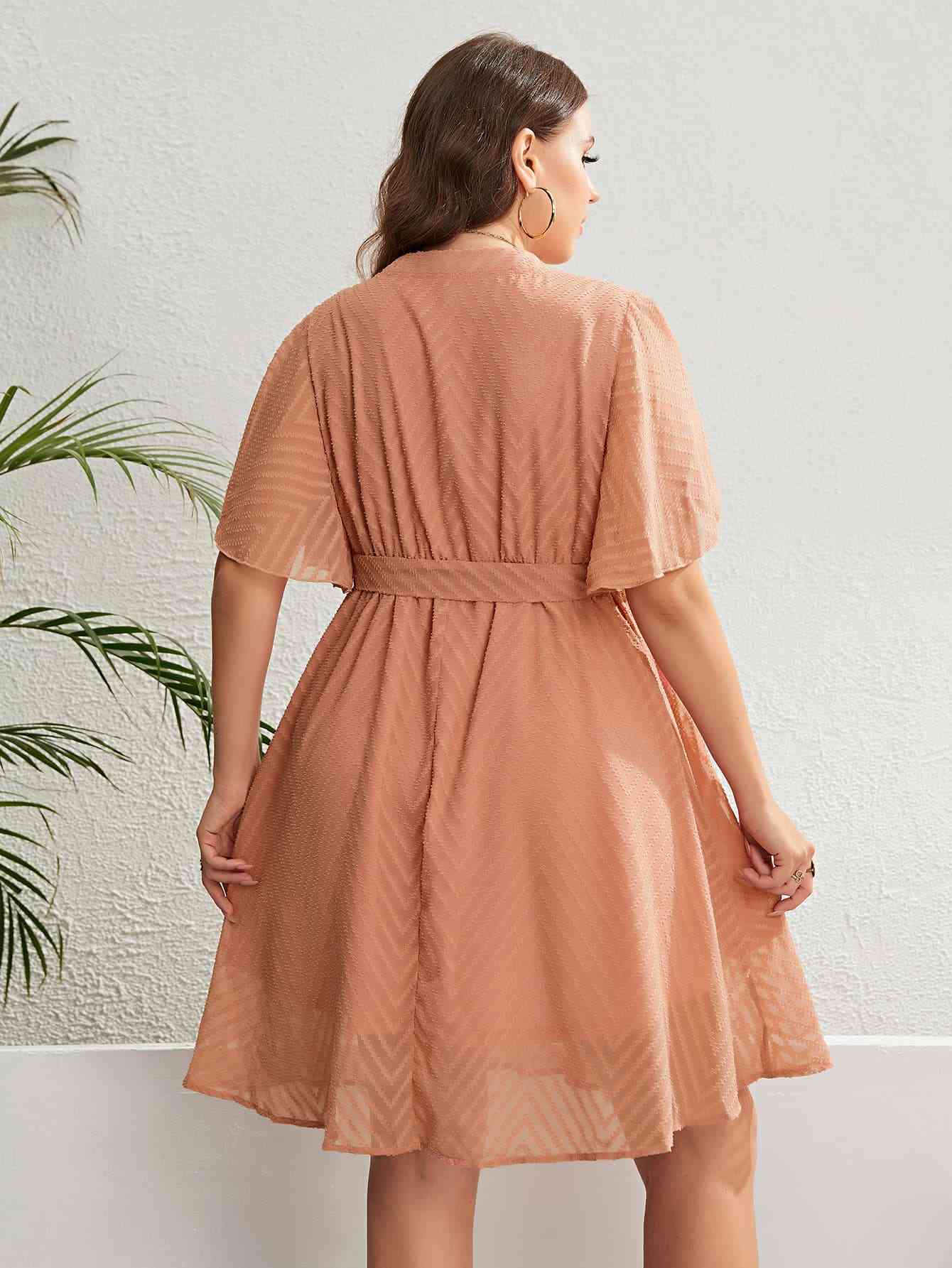 Plus Size Tie Waist Notched Neck Flutter Sleeve Dress