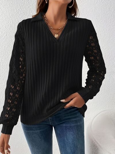 Lace Detail Johnny Collar Long Sleeve Blouse