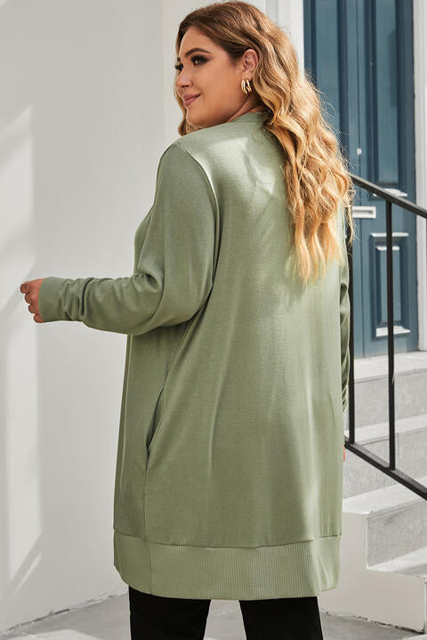 Snap Up V-Neck Long Sleeve Cardigan with Pockets - Plus Size