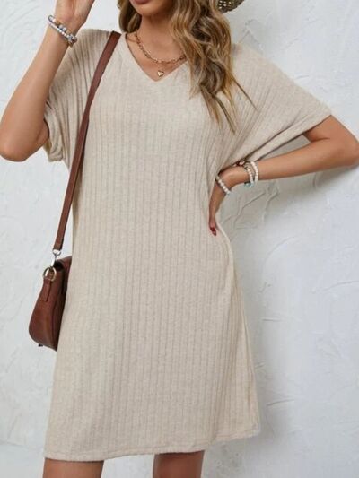 Ribbed V-Neck Short Sleeve Dress