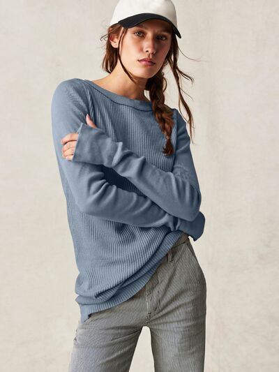 Waffle-Knit Round Neck Long Sleeve Sweater