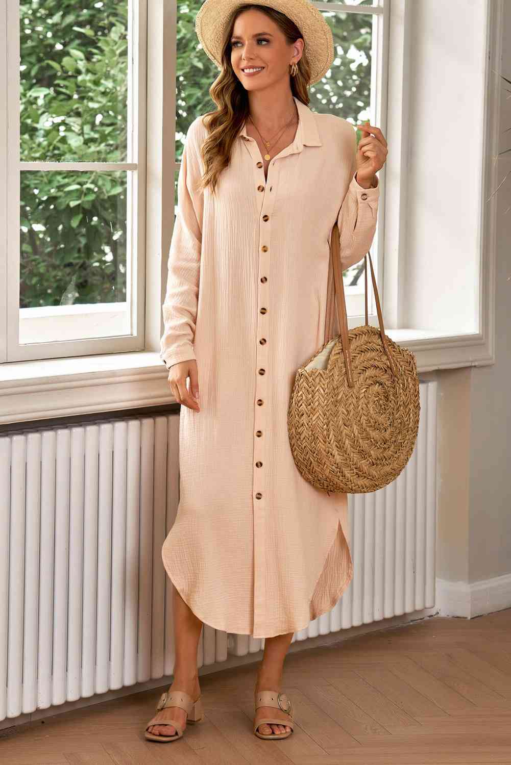 Button Front Textured Slit Shirt Dress