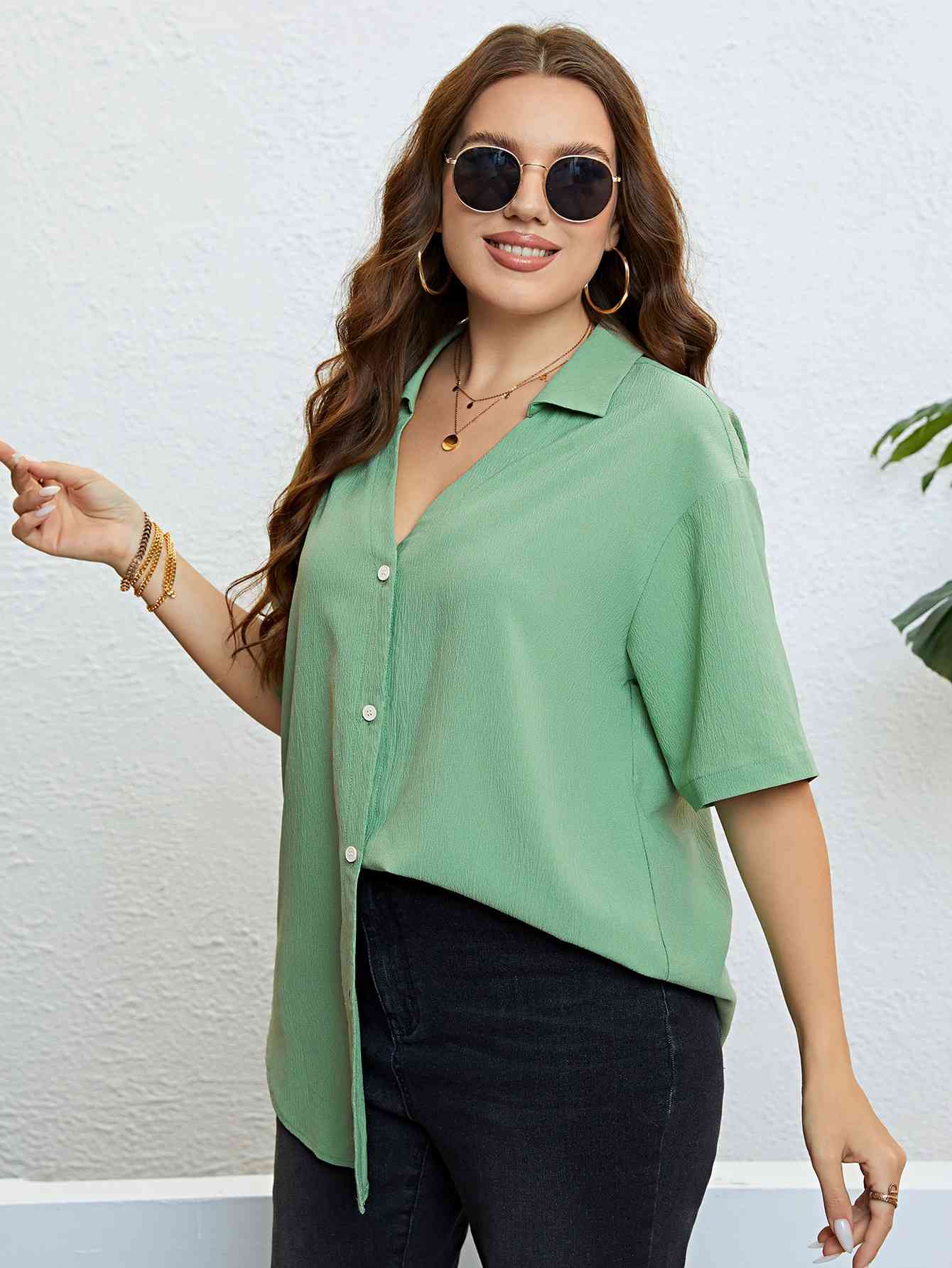 Johnny Collar Half Sleeve Shirt -Plus Size