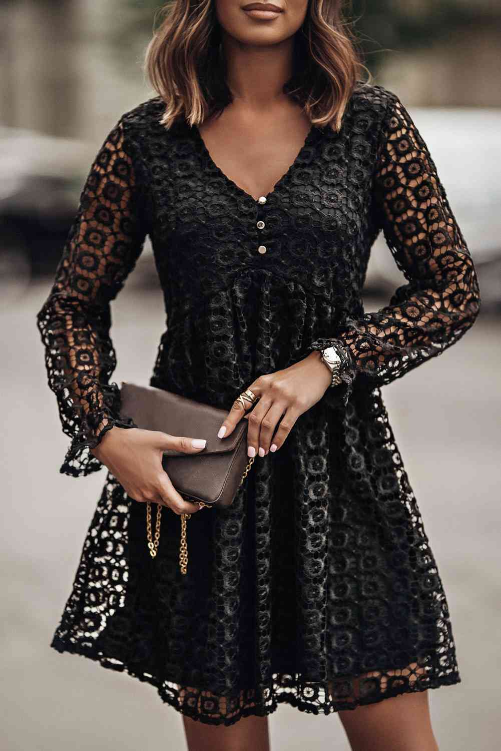 Buttoned Empire Waist Lace Dress