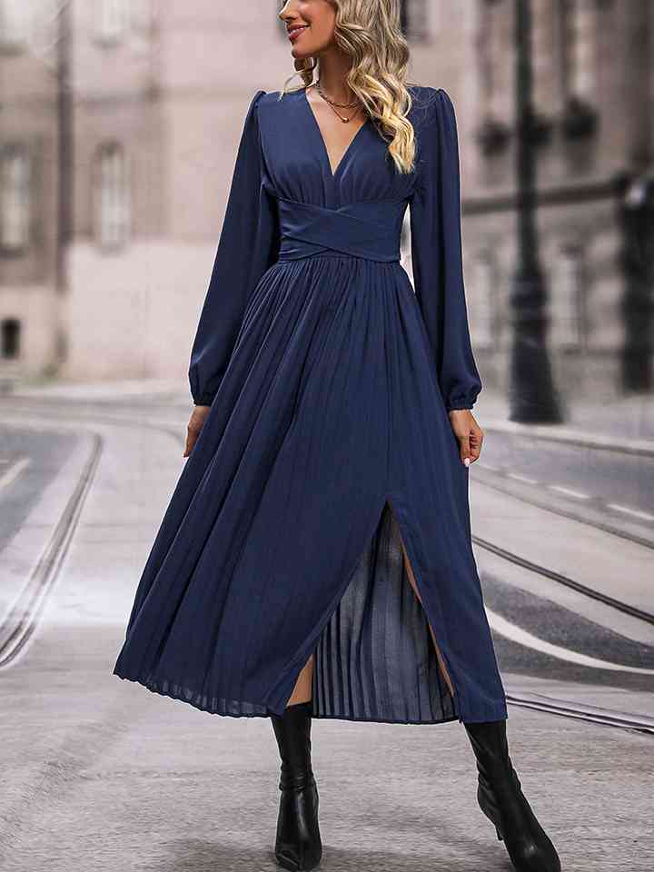 V-Neck Long Sleeve Pleated Slit Dress