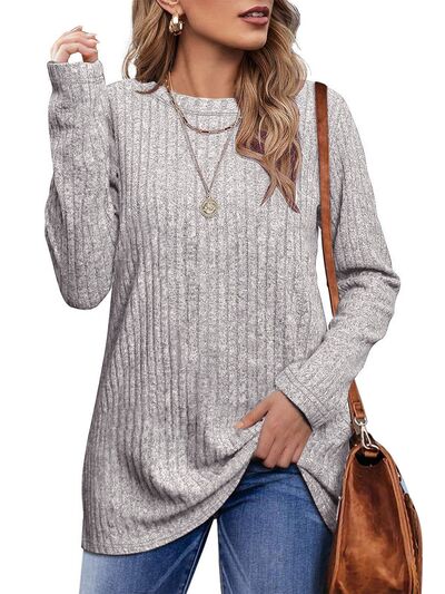 Ribbed Round Neck Long Sleeve Blouse