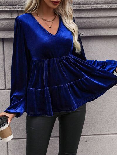 V-Neck Balloon Sleeve Peplum Blouse