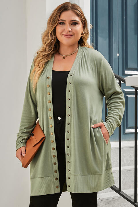 Snap Up V-Neck Long Sleeve Cardigan with Pockets - Plus Size