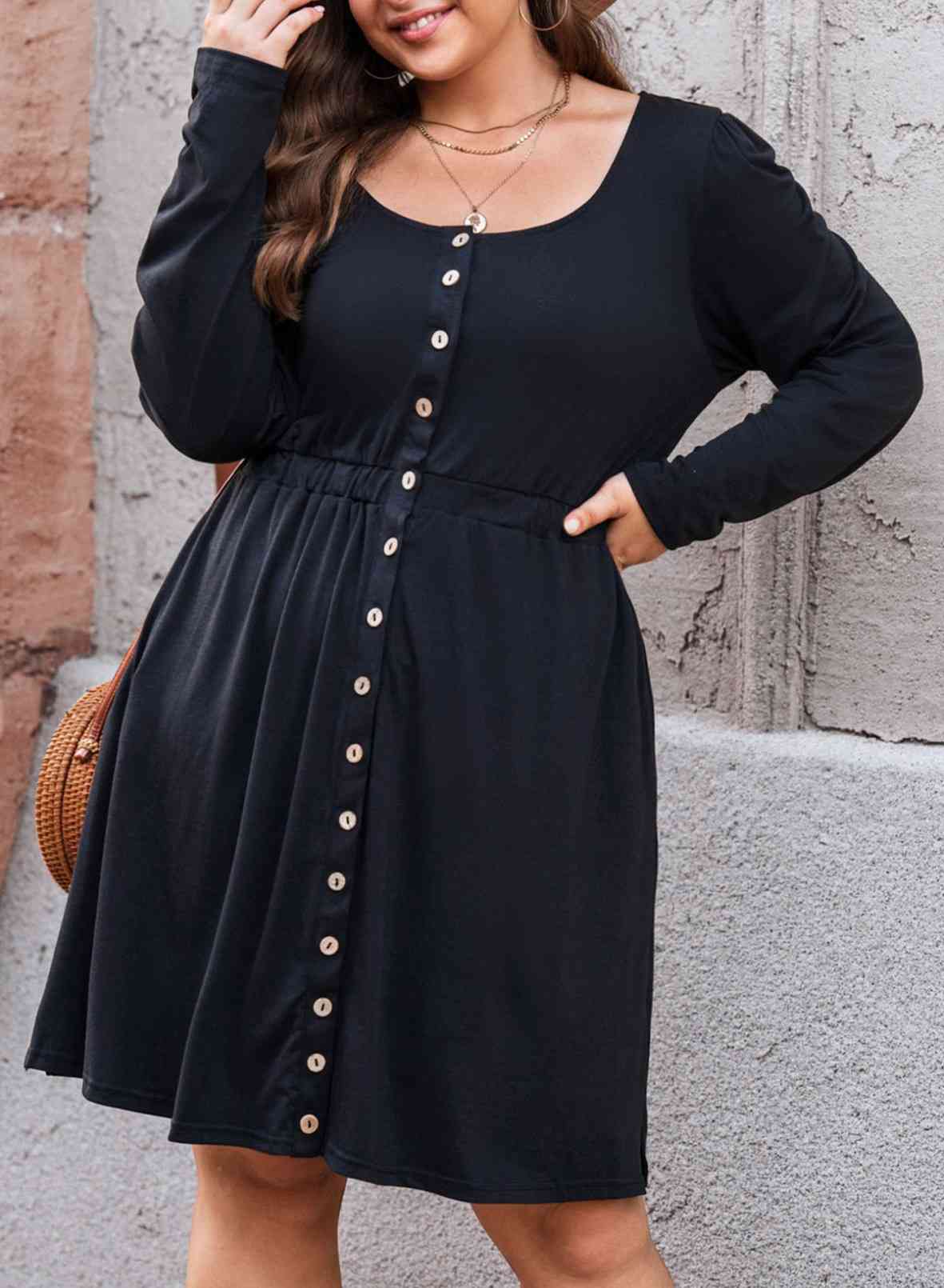 Plus Size Button Front Elastic Waist Long Sleeve Dress