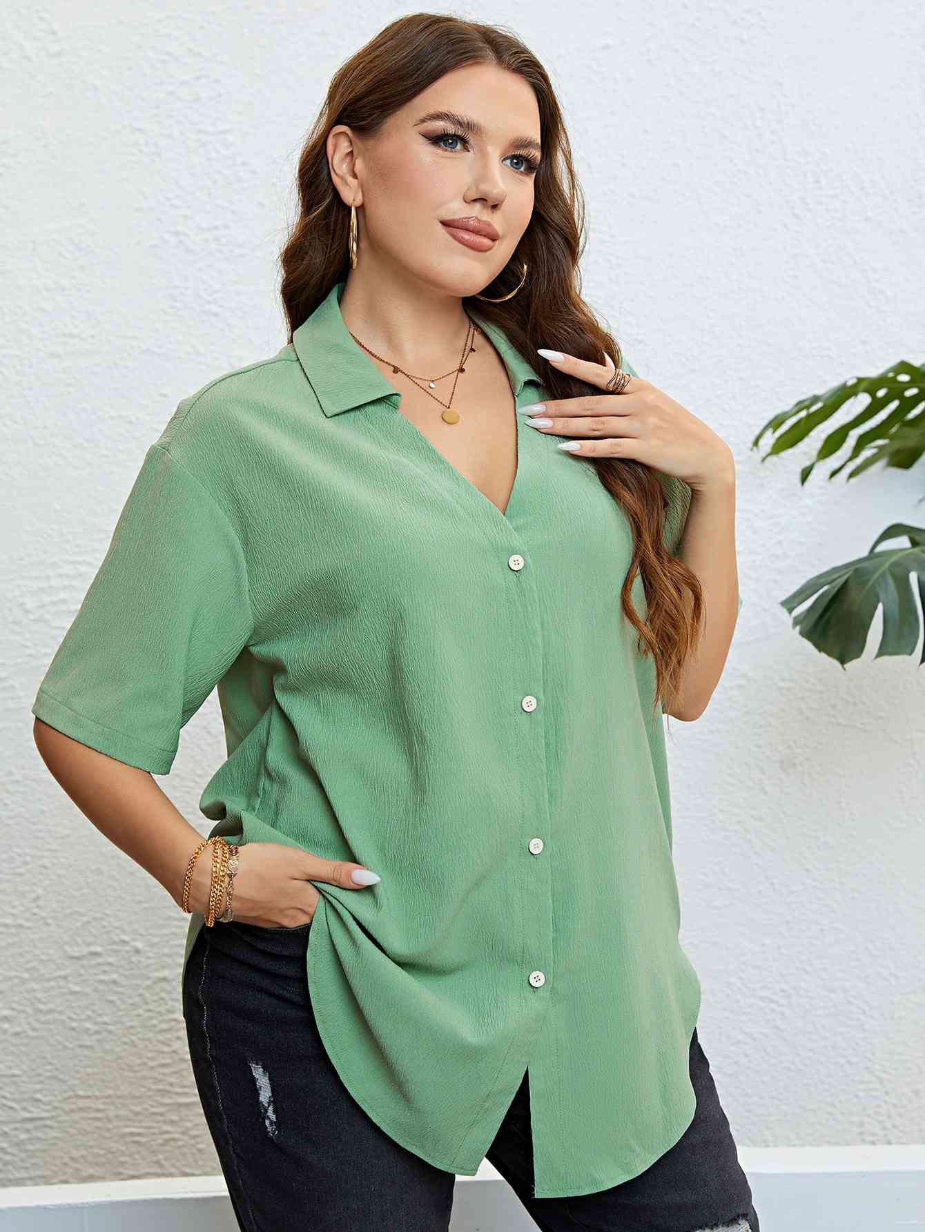 Johnny Collar Half Sleeve Shirt -Plus Size