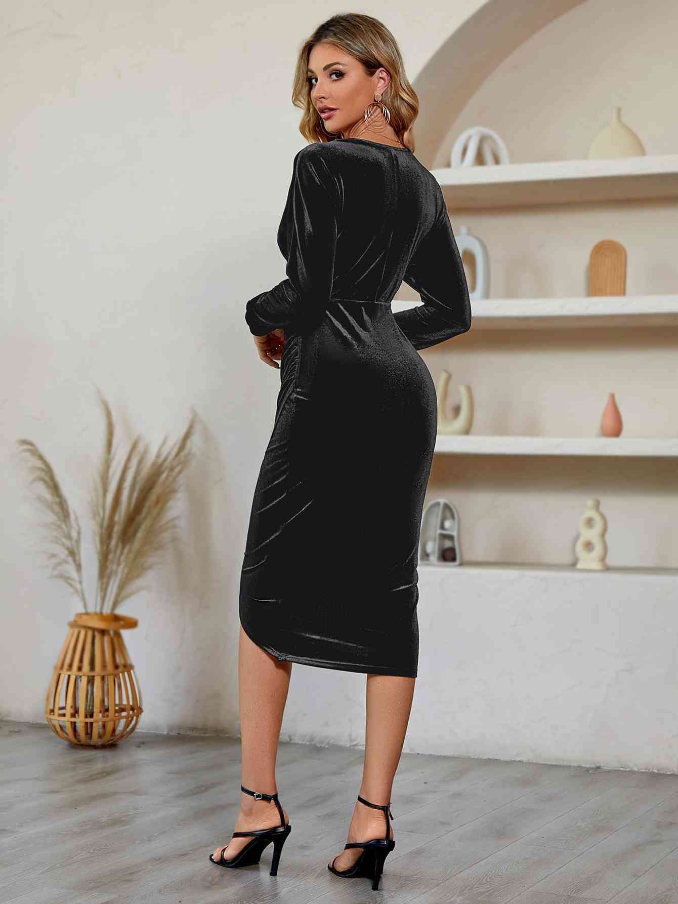 V-Neck Long Sleeve Tulip Hem Dress