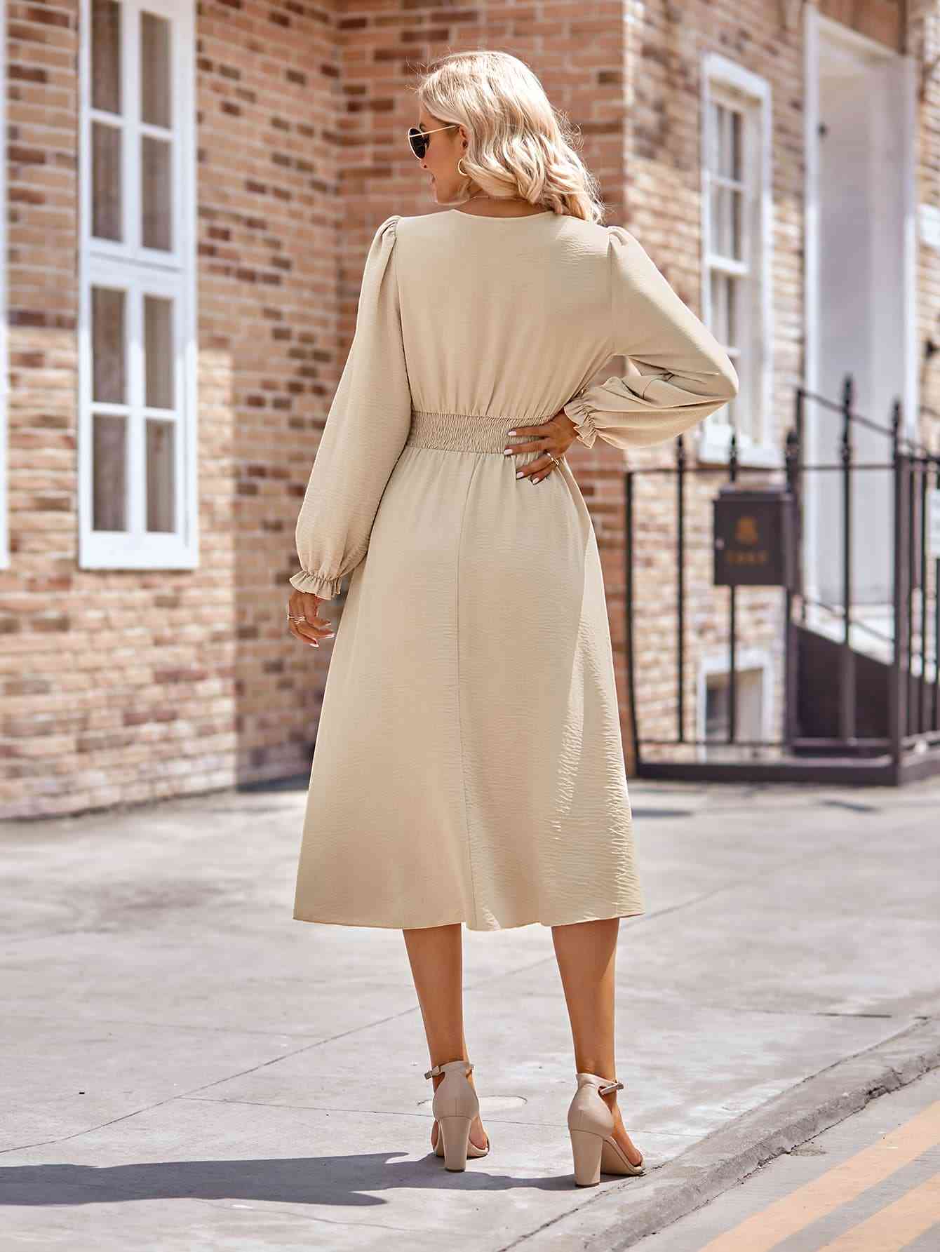 Buttoned V-Neck Flounce Sleeve Midi Dress