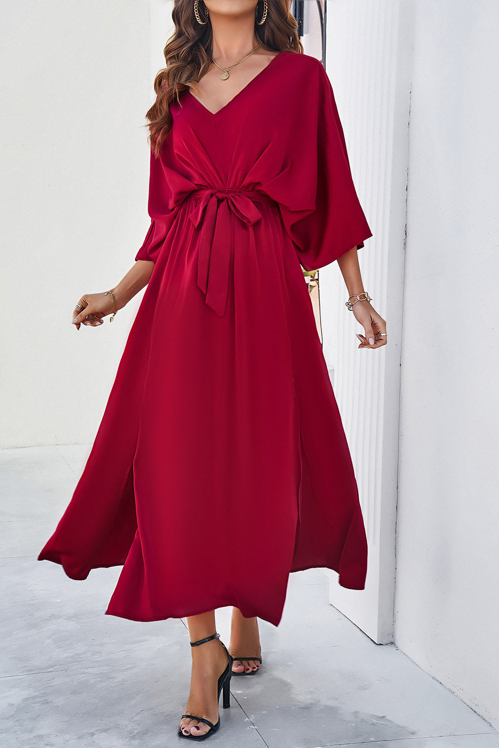 Slit Tied V-Neck Three-Quarter Sleeve Dress