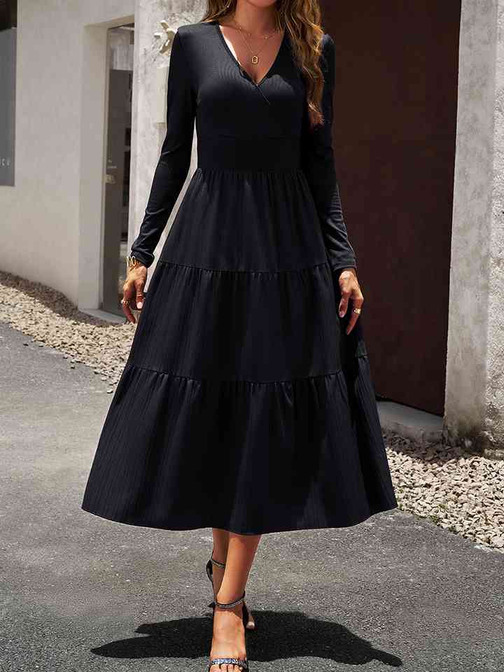 Surplice Neck Long Sleeve Smocked Waist Midi Dress