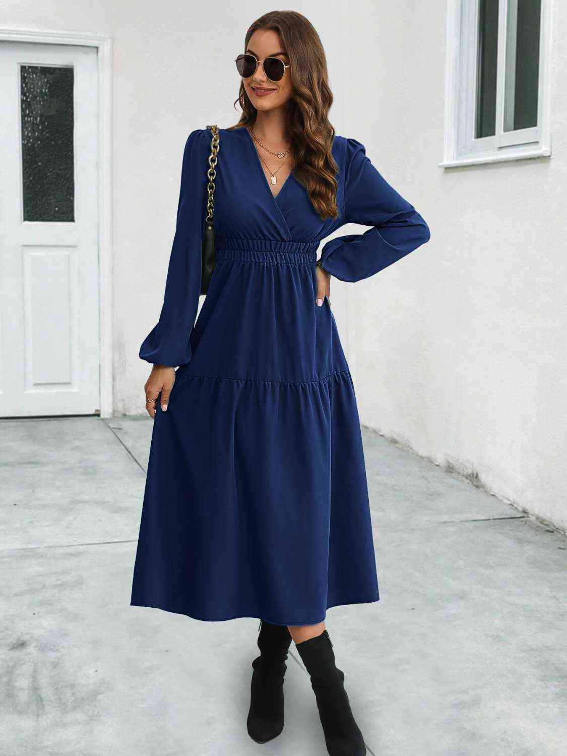 Surplice Neck Long Sleeve Midi Dress