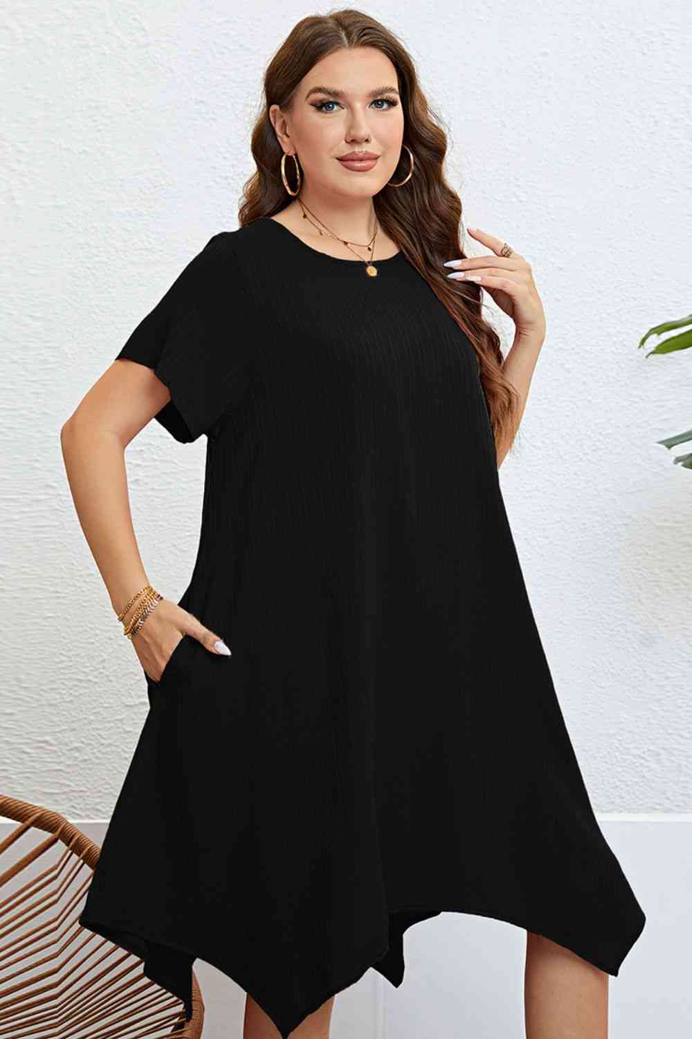 Plus Size Round Neck Handkerchief Hem Dress