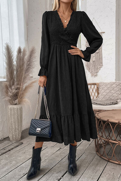 Smocked Surplice Flounce Sleeve Midi Dress