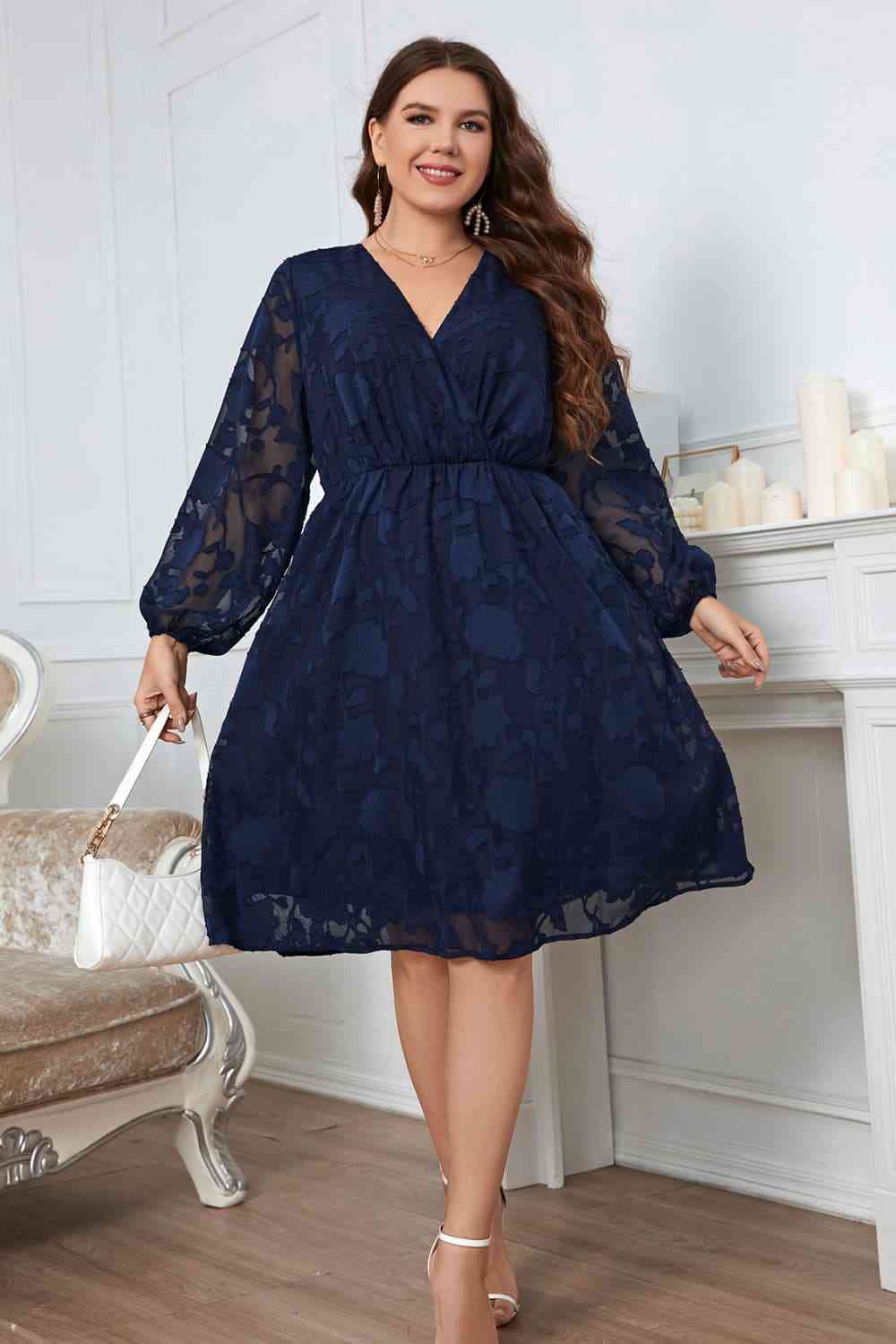 Melo Apparel Plus Size Surplice Neck Balloon Sleeve Dress