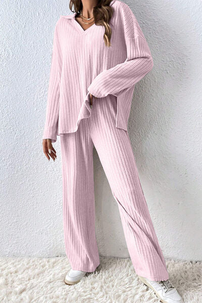 Ribbed Slit Top and Pants Set