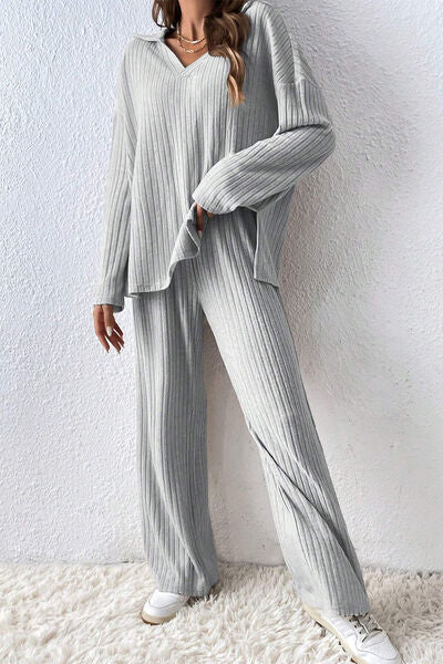 Ribbed Slit Top and Pants Set