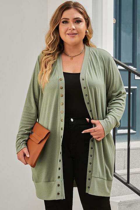 Snap Up V-Neck Long Sleeve Cardigan with Pockets - Plus Size