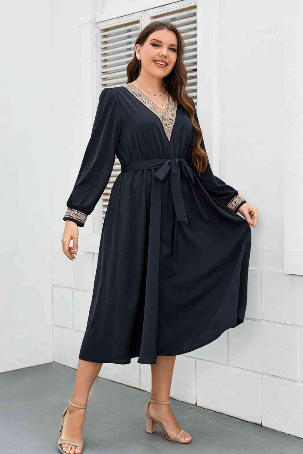 Melo Apparel Plus Size Contrast Tie Waist Midi Dress