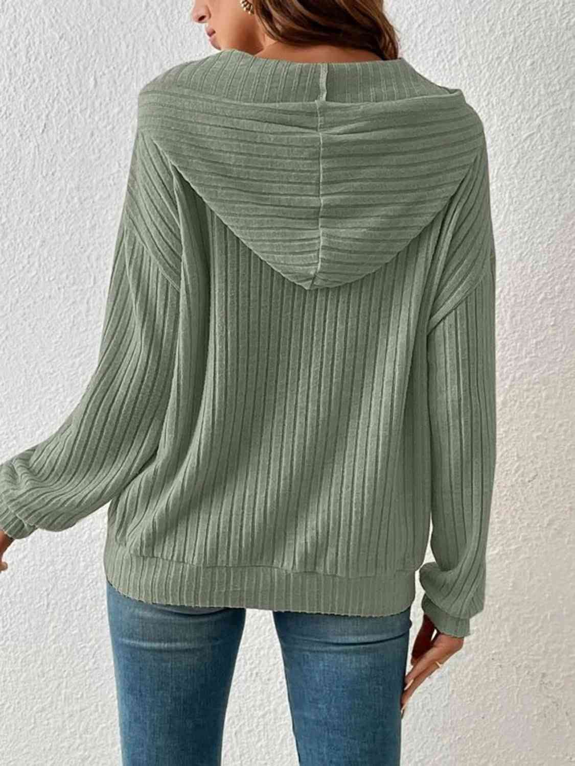 Ribbed Dropped Shoulder Drawstring Hoodie