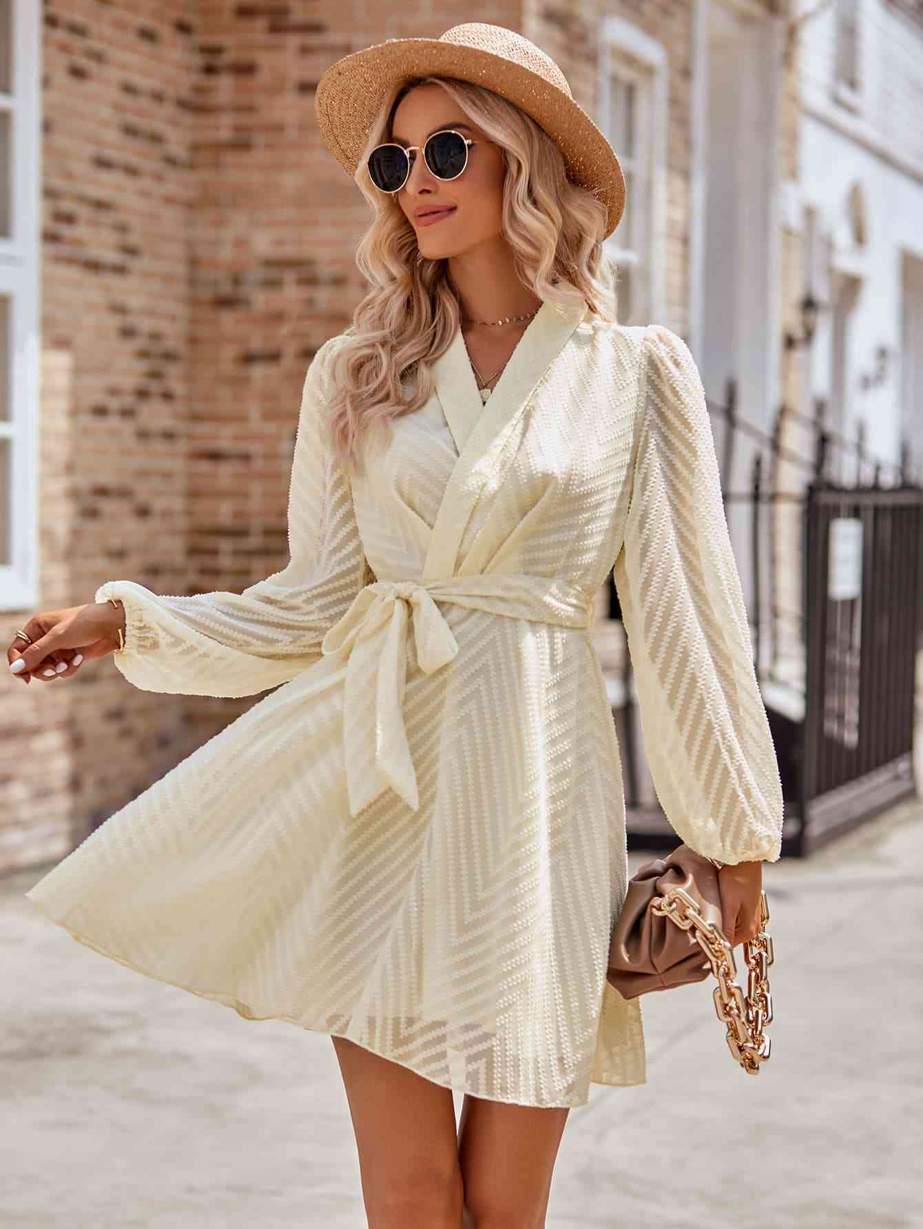 Belted Surplice Neck Long Sleeve Mini Dress