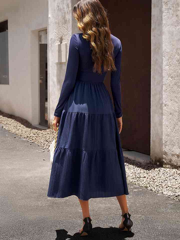 Surplice Neck Long Sleeve Smocked Waist Midi Dress