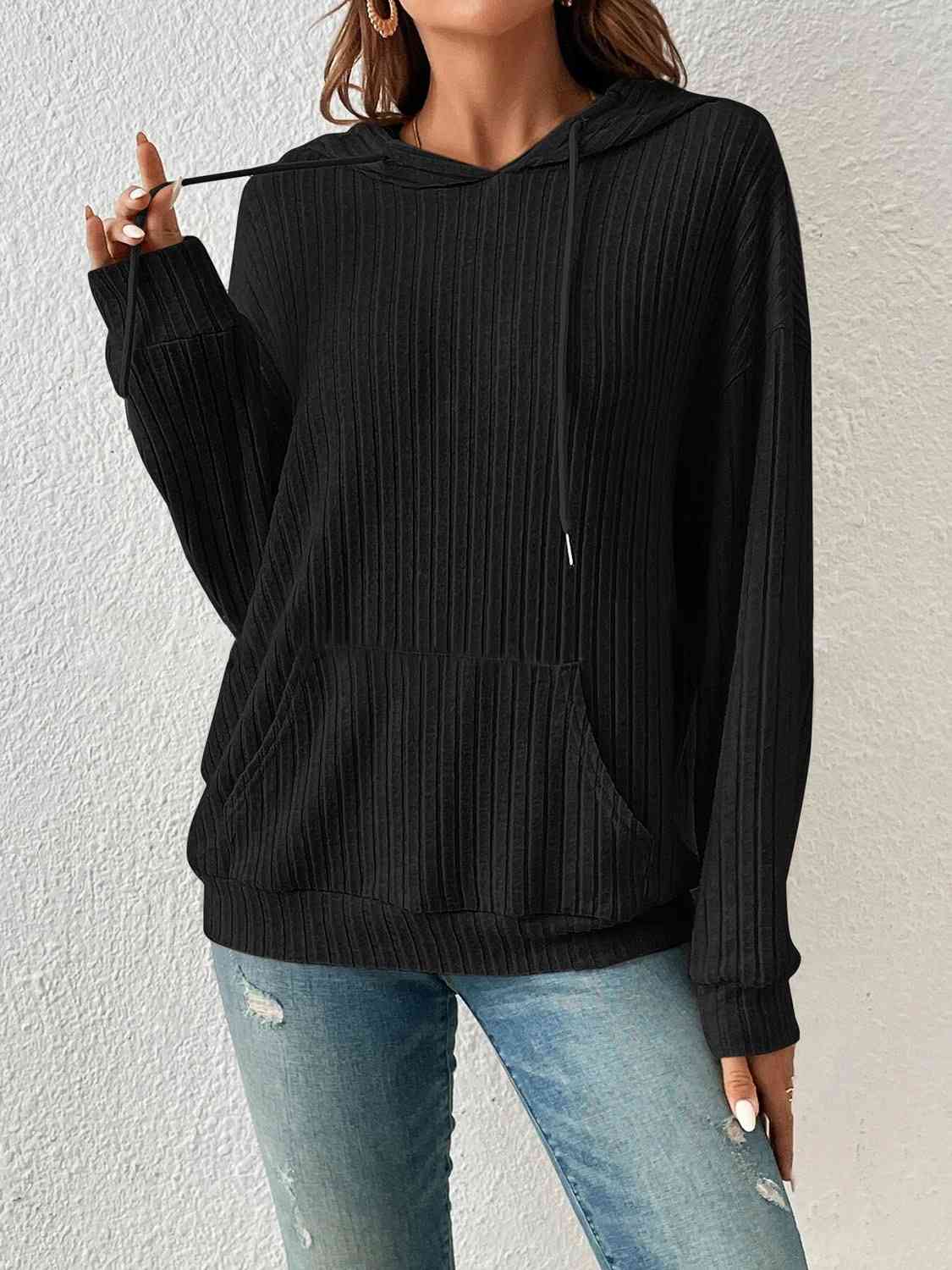 Ribbed Dropped Shoulder Drawstring Hoodie