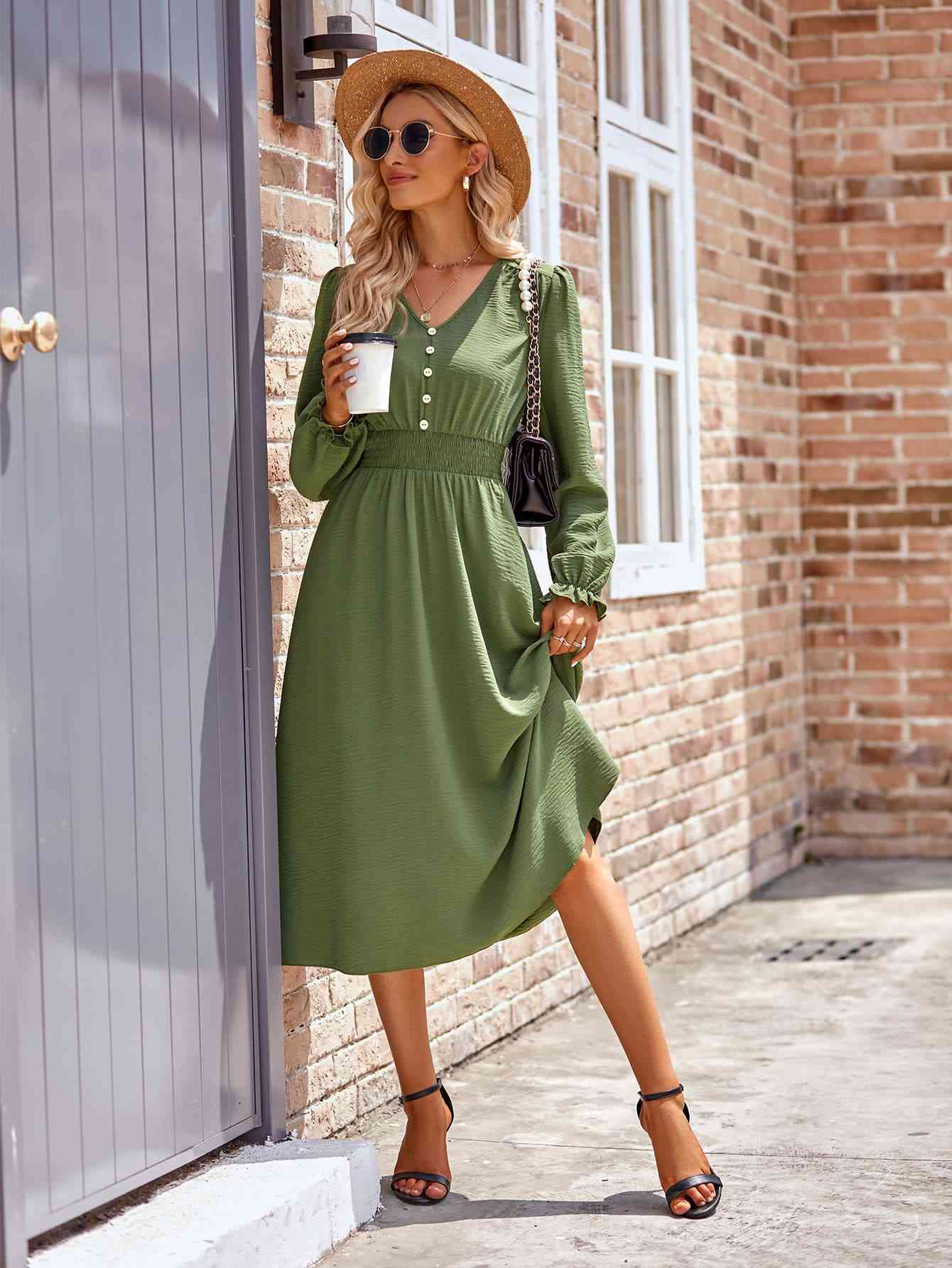 Buttoned V-Neck Flounce Sleeve Midi Dress