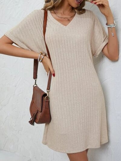 Ribbed V-Neck Short Sleeve Dress