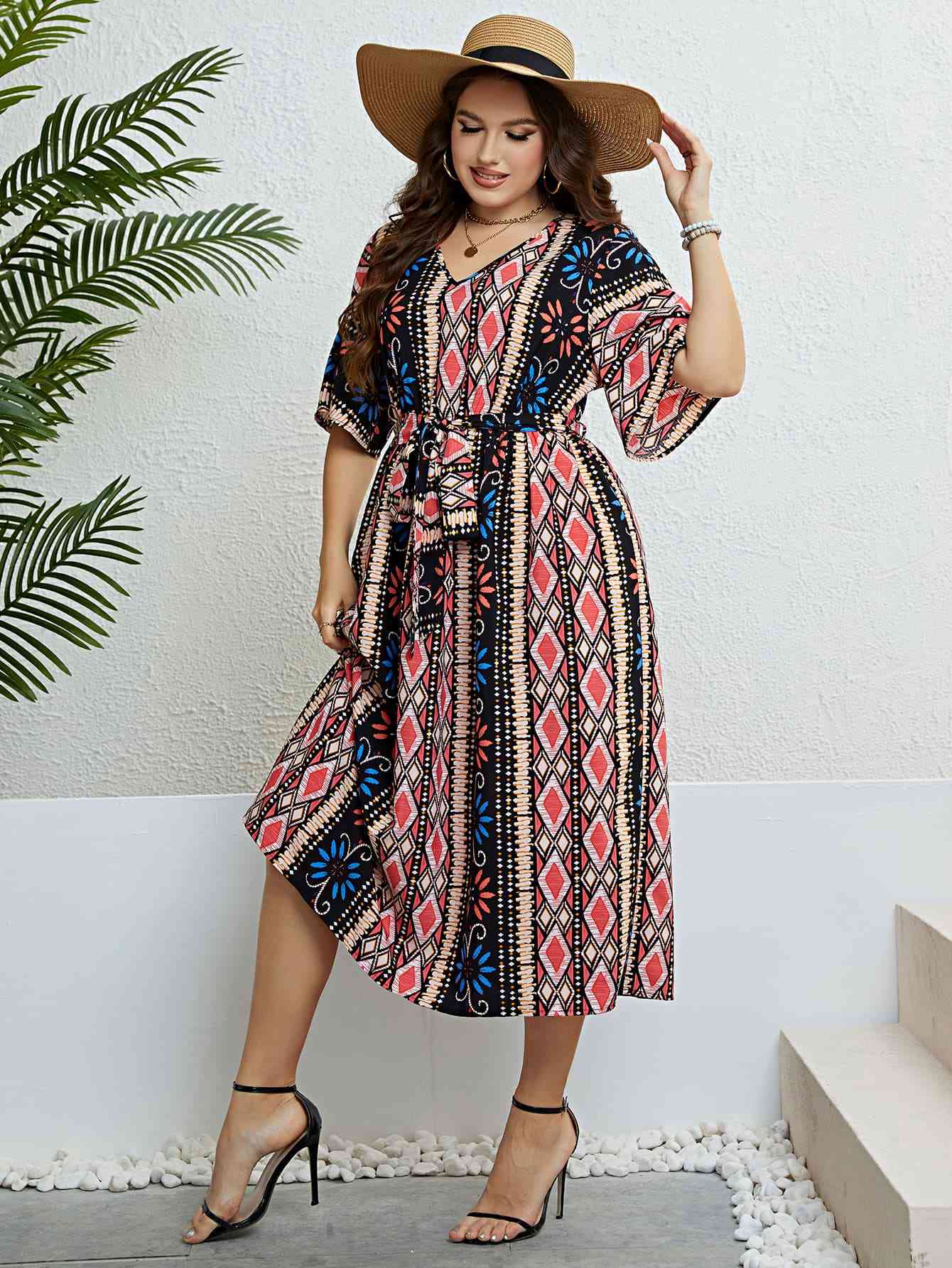 Plus Size Bohemian V-Neck Tie Belt Midi Dress